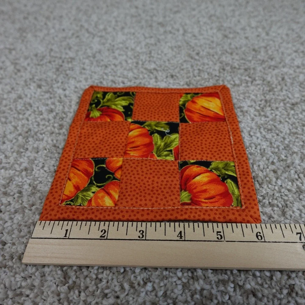 Handmade Quilted Pumpkin Mug Rug Set 2pc Orange Patchwork Cotton Coasters 6x6